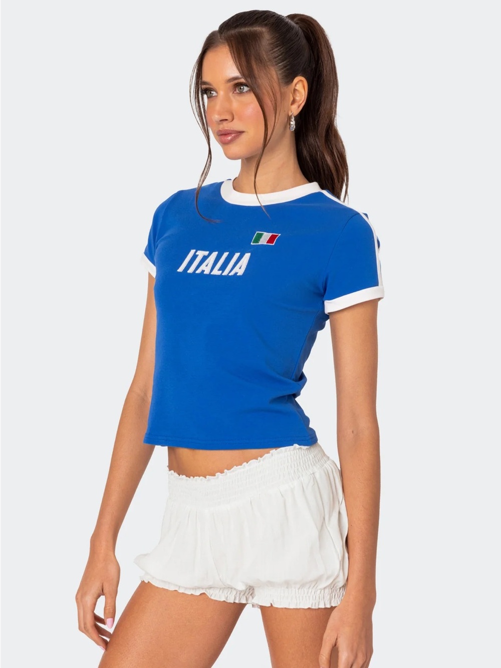 Edikted Blue Italia Ringer Crop Top with White Trim